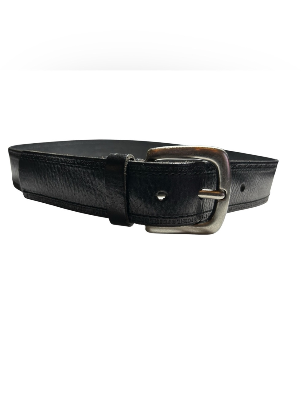 Fossil Black Leather Belt with Brushed Silver Buckle Size M